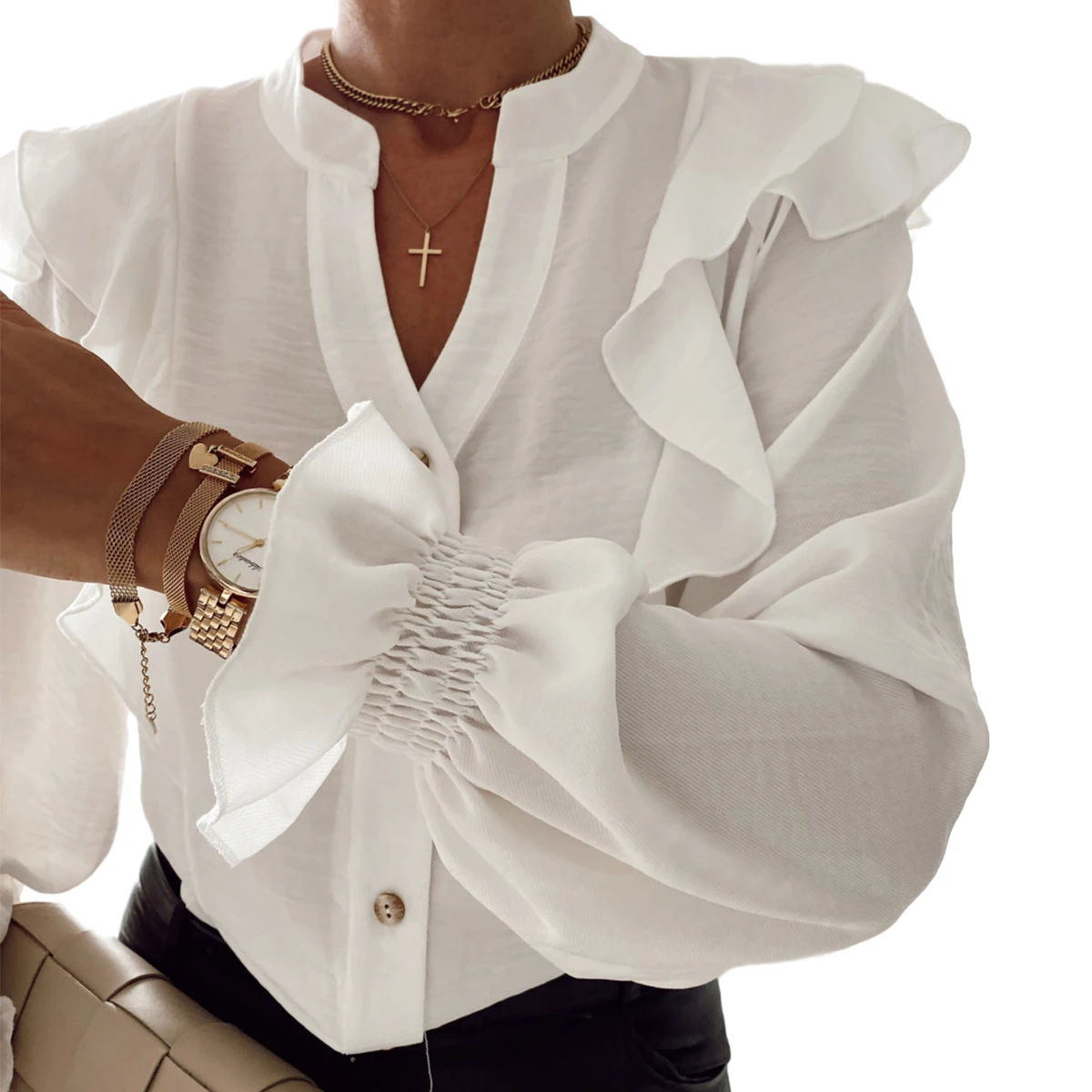 

Elegant Women Spring Autumn Shirts Long Sleeve V-neck Single Breasted Shirt Fashion Office Lady Long Sleeve Ruffle Loose Blouse