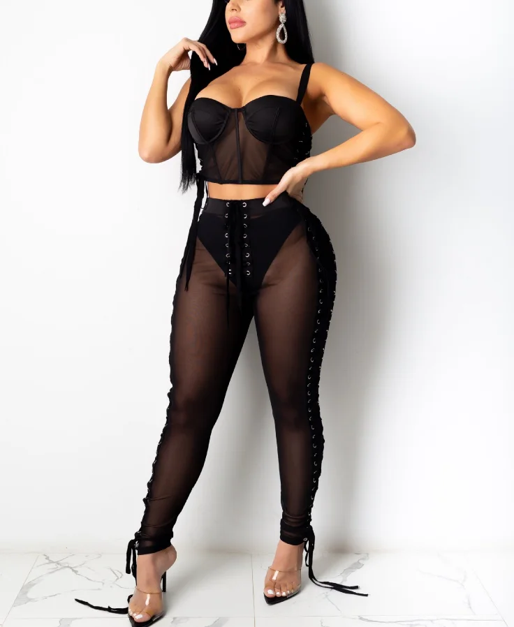 Женские брюки на шнуровке сексуальные черные прозрачные сетчатые леггинсы