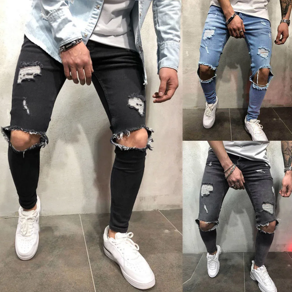 

SAGACE Fashion Streetwear Men's Jeans Vintage Blue Skinny Destroyed Ripped Jeans Broken Punk Pants Homme Hip Hop Jeans Men A1126