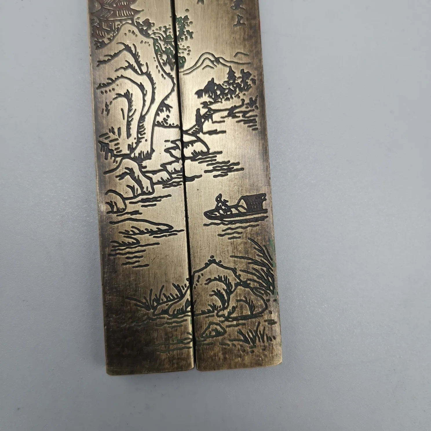 

4.5" Collect China Bronze Relief Scenery with Hills and Waters Landscape Paper Weight Pair Study Supplies Home Decor #10