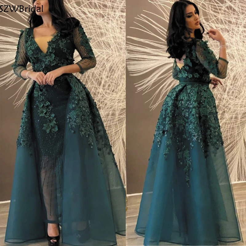 

New Arrival V Neck Long sleeve evening dresses 2021 Lace Appliques with Beading Dubai Arabic evening dress Party gown