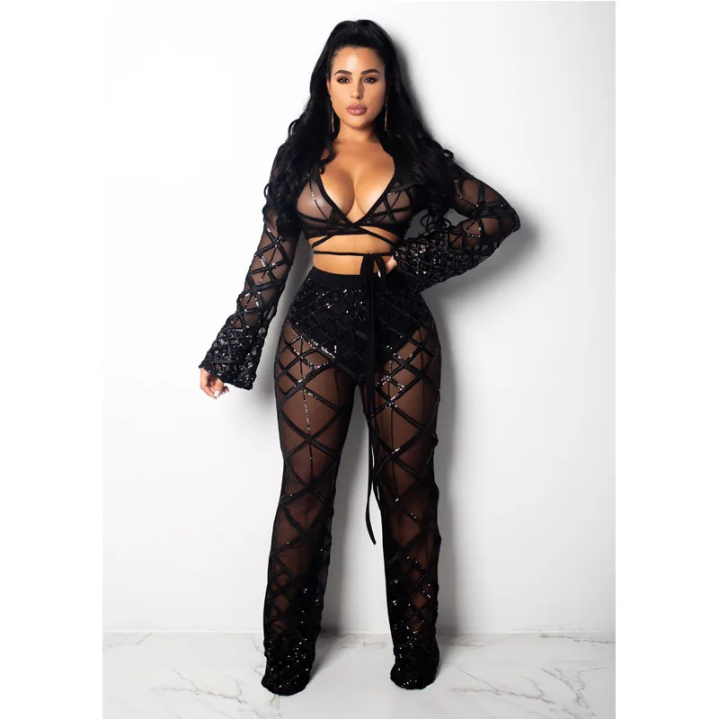 

2019 Popular European and American Women's Sequined Bell-bottom Pants Strap Fashion Casual Two-Piece Suit