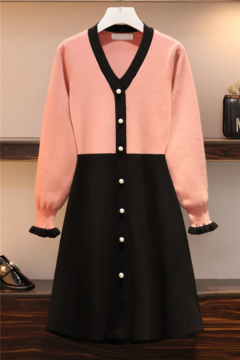 Large Size Women's Wear Fat Mm Autumn And Winter 200 Jin Color-clashing Core-spun Yarn Sweater Color Matching Knitted Skirt | Женская