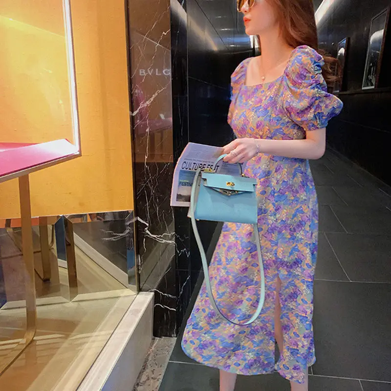 

Purple bubble sleeve dress women's 2020 summer new hem split foreign floral waist long skirt harujuku dress summer dress women