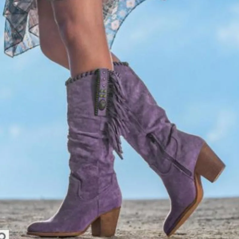 

New Women Shoes Knee High Boots Chunky Heel Tassels Western Ridding Brown Purple Long Boots Autumn Winter Side Zip Bota Feminina