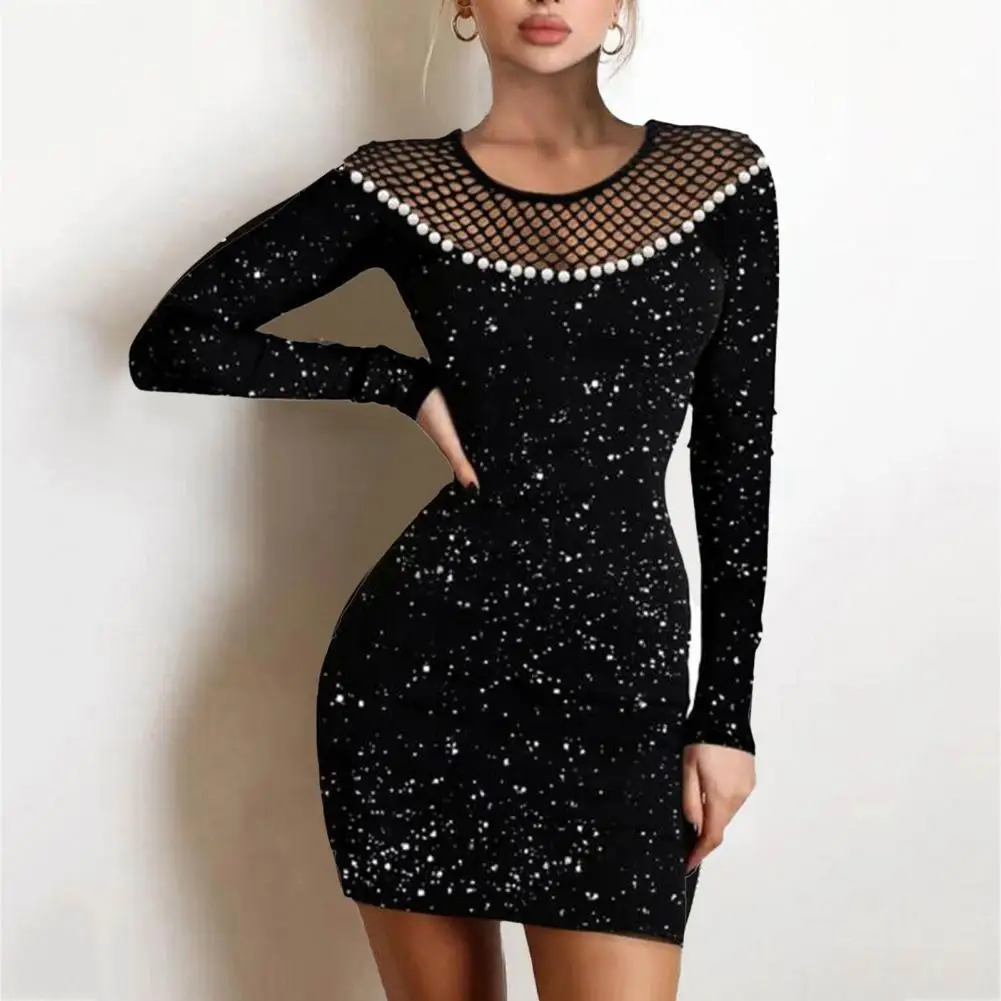 

Women Sexy Bodycon Dress Round Neck/High Collar Mesh Stitching Skinny Mini Dress Temperament Tight Dress for Party