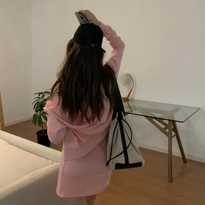 

EleeMee 2021 Summer New Short Hooded Sweater And Skirt Set Long Sleeve Solid Color Zipper Cardigan Casual Fashion Size S-L