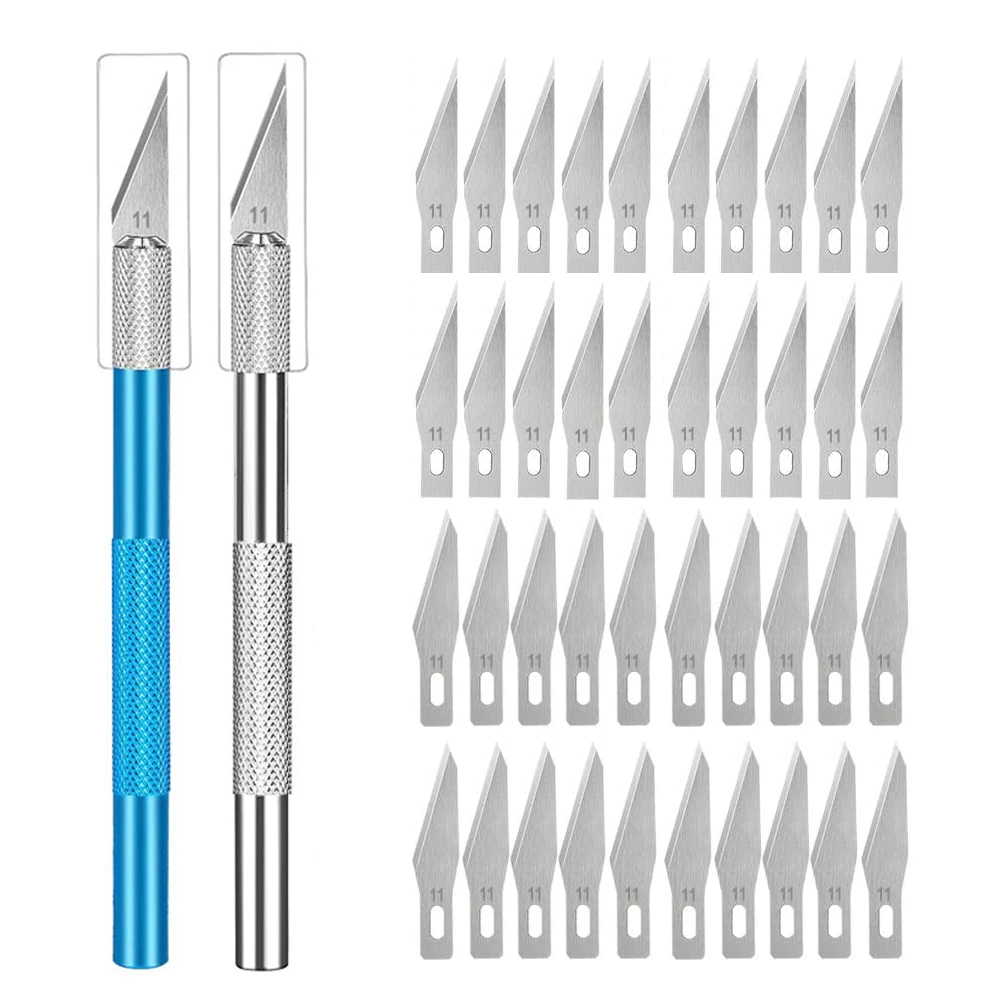 2 Pcs Non-Slip Metal Carving Knife Tools Kit Cutter Engraving Craft knives + 40pcs Blades Mobile Phone PCB DIY Repair Hand Tools