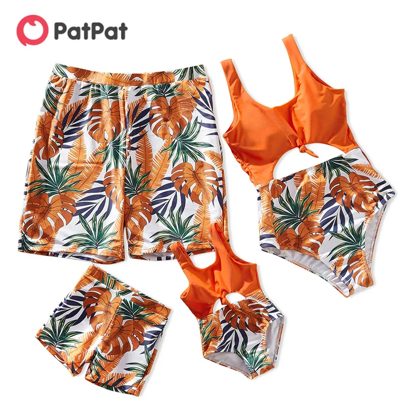 

PatPat 2021 New Summer Family Look Floral Print Splice Solid One-piece Matching Swimsuits