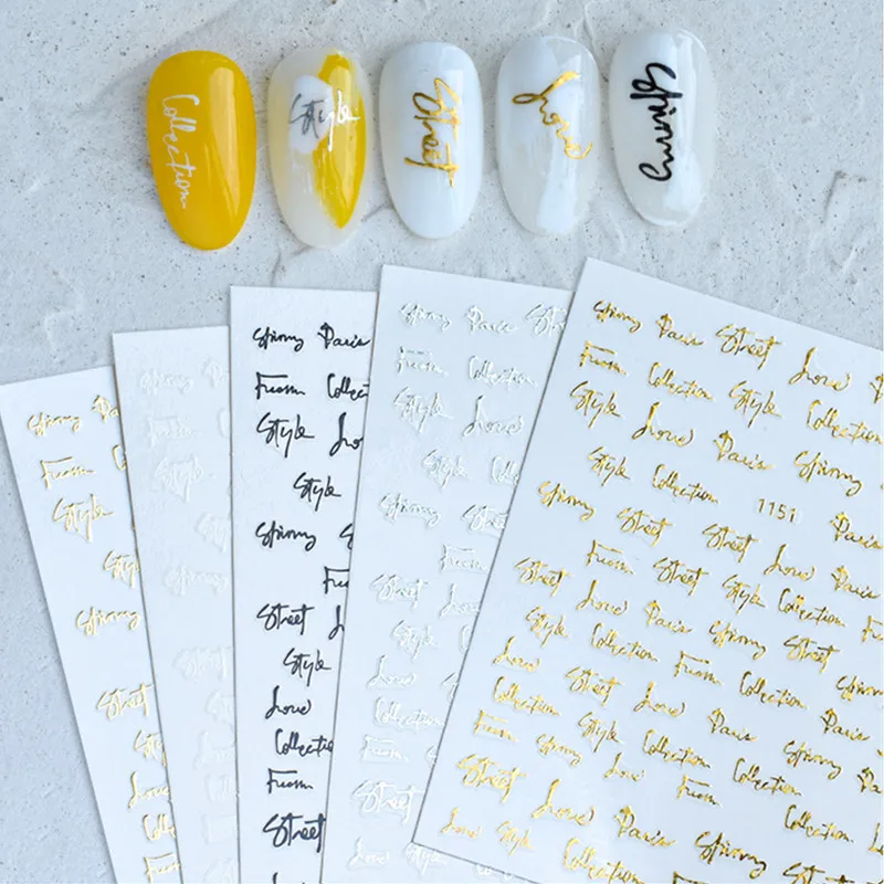 

1 PC Nail Decor Black White Lettering Design 3D Self Adhesive Back Glue Decal Slider DIY Decorations for Nail Stickers 1151