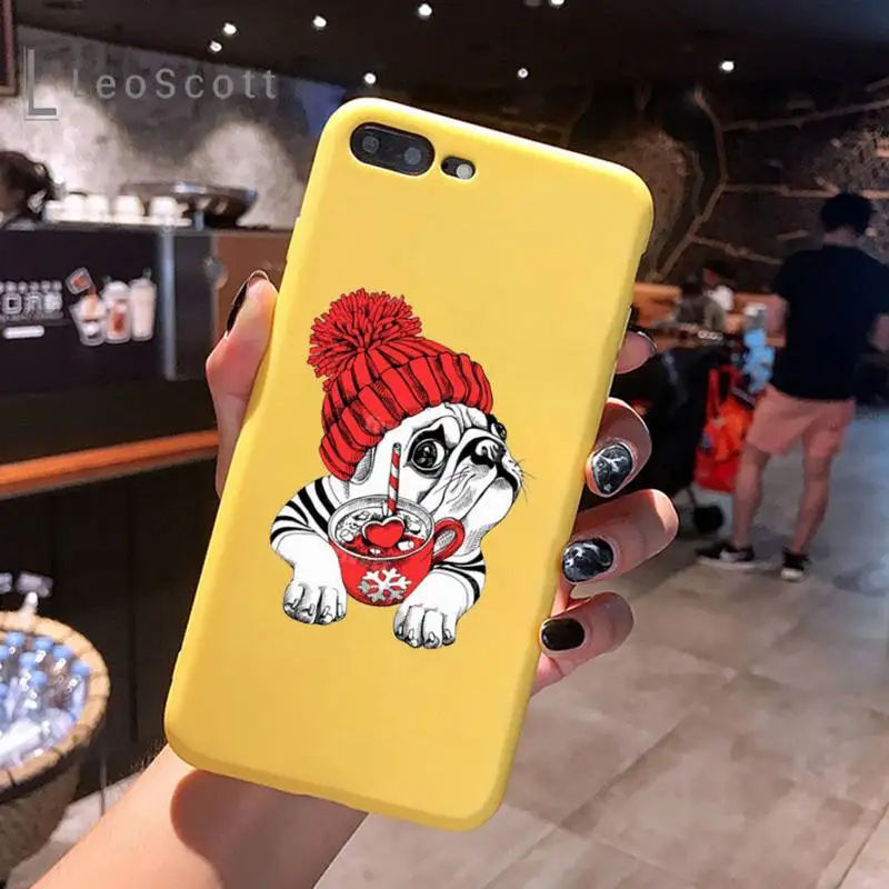 

Cute dog puppy Pug Bulldog Phone Case Yellow Candy Color for iPhone 6 7 8 11 12 s mini pro X XS XR MAX Plus