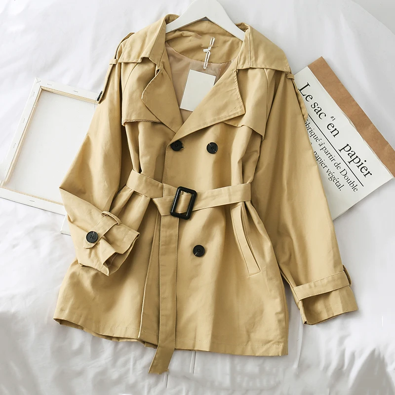 2019 Новая мода двубортный средней длины Тренч Для женщин хаки тонкий плащ с поясом