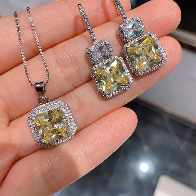

Funmode 2PCS Trendy Square Shape Yellow CZ Pendant Necklace Jewelry Sets For Women Wedding Party Gifts Pendientes Wholesale FS45