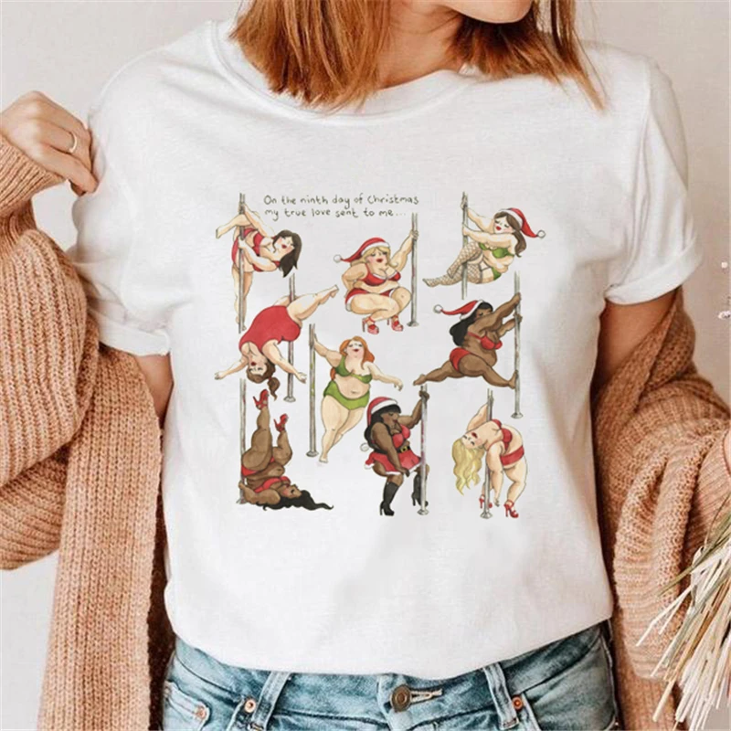 

Harajuku New Cartoon Pattern Happy New Year T-shirt Top Casual Fashion Winter Oversized Loose White T-shirt Lady Pattern.