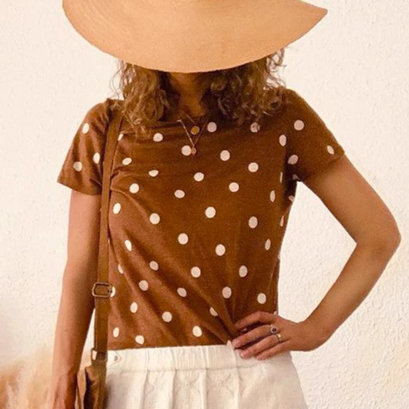 

Imprimé Pois T shirt Femme Encolure Ronde Ecru Loose Polka Dot Print Tee Shirt Elegant Casual Simple 2021 Chic Hauts Top Women