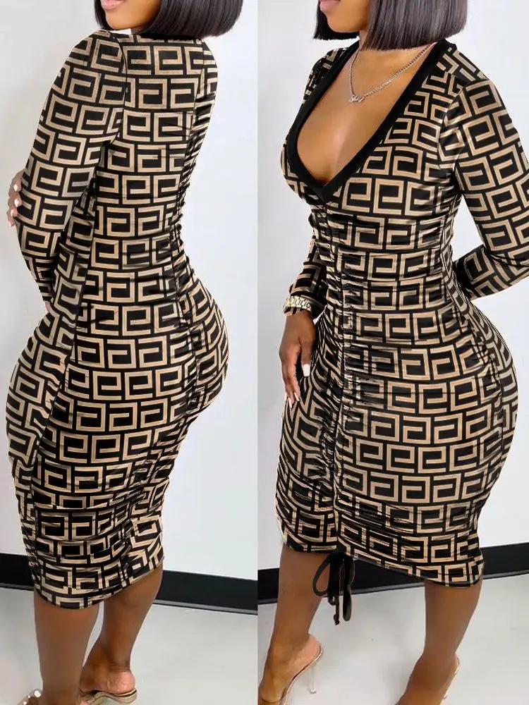 Сексуальное платье с глубоким V-образным вырезом длинным рукавом и змеиным