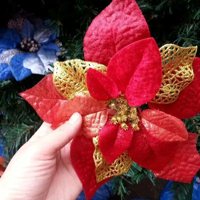 Poinsettia Блестящий Декор Цветок Рождественская елка-украшения свадебные-орнамент