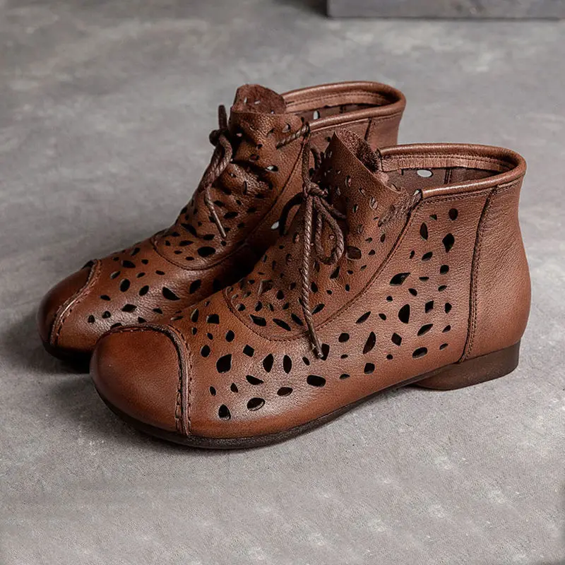 

Hollow-Out Leather Boots Summer Breathable Women Sandals Retro High Top Lace Up Womens Designer Boots Black Botas De Mujer