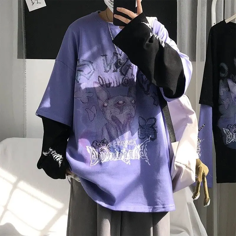 

Patchwork Tshirt Streerwear Autumn Japanese Purple T Shirt Long Sleeve Tees Girl Hip Hop Tops Causal Loose Punk T Shirts Female