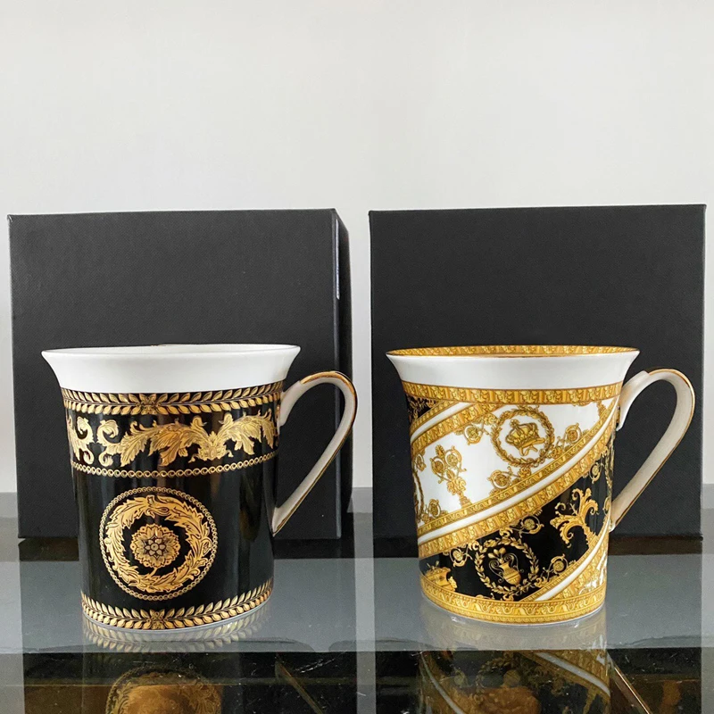 

Deluxe European Ceramic Mug Black and gold bone china cup coffee milk tea water household table drinks personalized Mug Gift