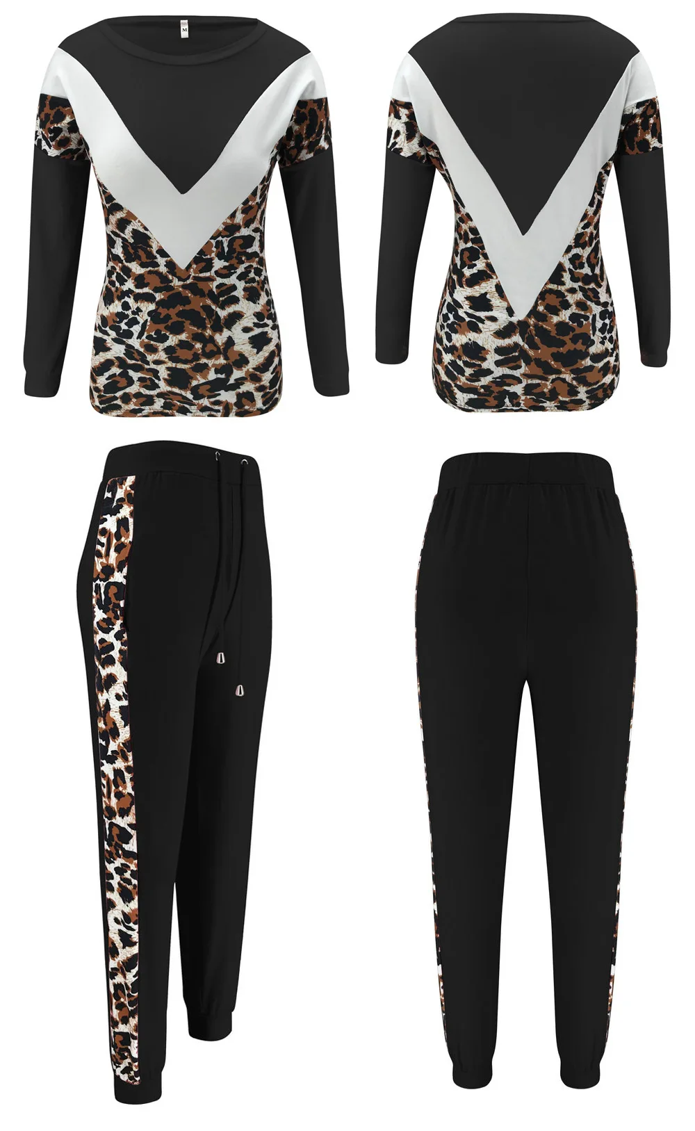 

Women Casual 2 Pieces Set Autumn Leopard Print Splice O-Neck Long Sleeve Top Elastic Slim Pencil Pant Female Tracksuit Sets