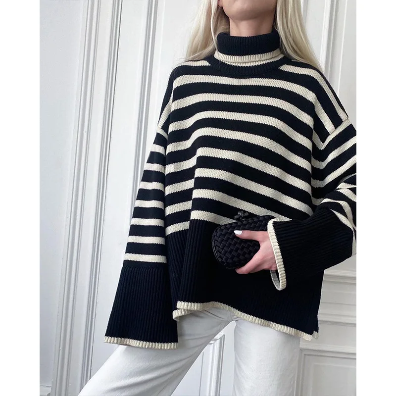 

Женский свитер сезона осень-зима 2021, вязаный полосатый свитер с высоким воротником и разрезом, Свободный Топ