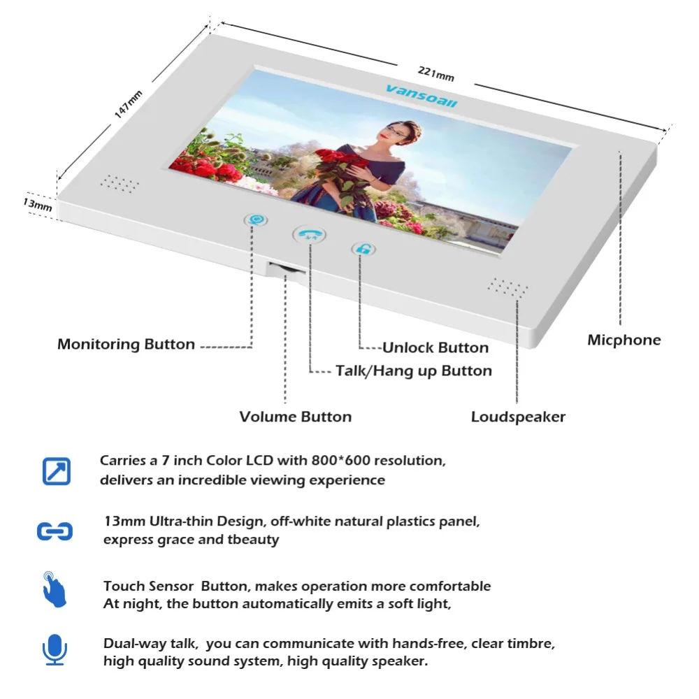 VANSOALL видеодомофон проводной 7 дюймовый цветной монитор|Видеодомофон| |