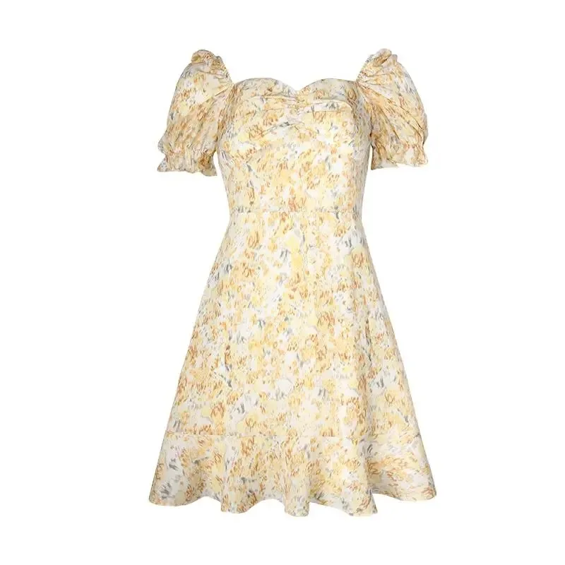 

Floral Skirt Puff Sleeve Dress Women's Summer 2021 New French Style Temperament Square-Neck Cinched Oil Painting Style Skirt