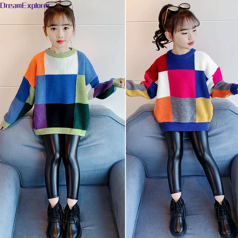 

Girl Contras Colored Sweater Kids Plaid Pullover Child Round Neck Knitted Tops Teen Long Sleeve Jumpers Autumn Winter Clothes