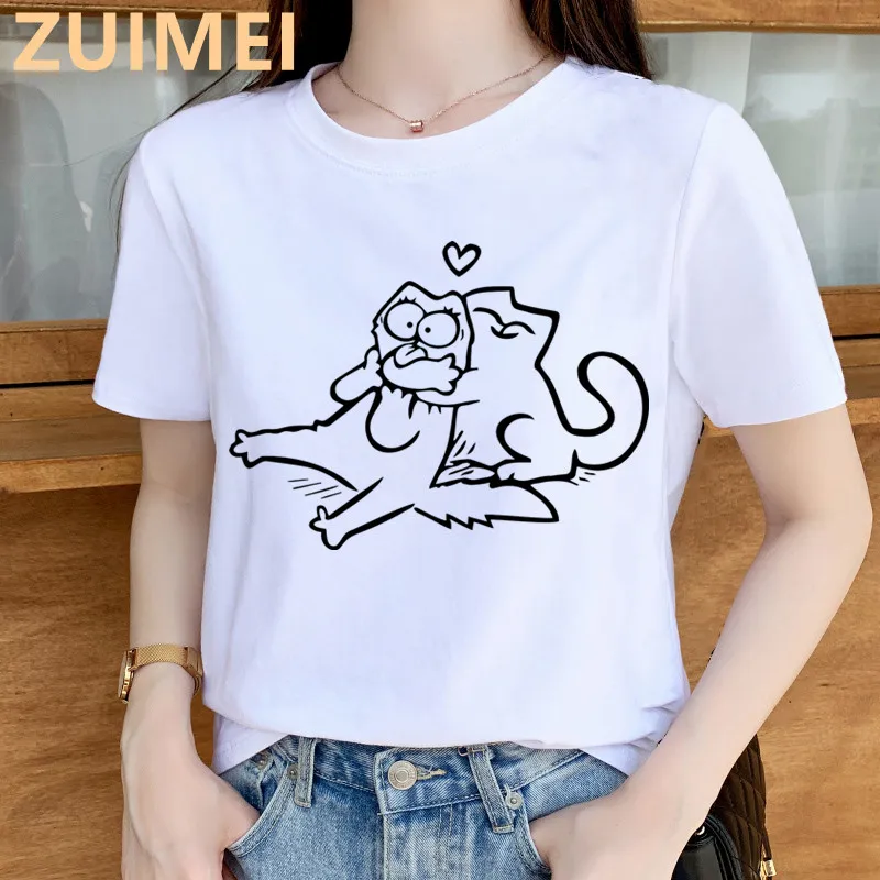 Fashion Cute Feed Me SM's Cat Print Harajuku Top Women T-shirt Casual ladies basic O-collar Short Sleeved T-shirt Girl,Drop Ship