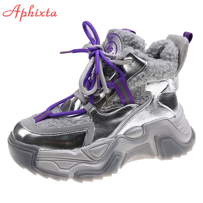 

Aphixta Winter Height Inscreasing Sneakers Women Boots Suede Plush Warm Platform Retro Breathable Lace-up Chuky Sole Daddy Shoes