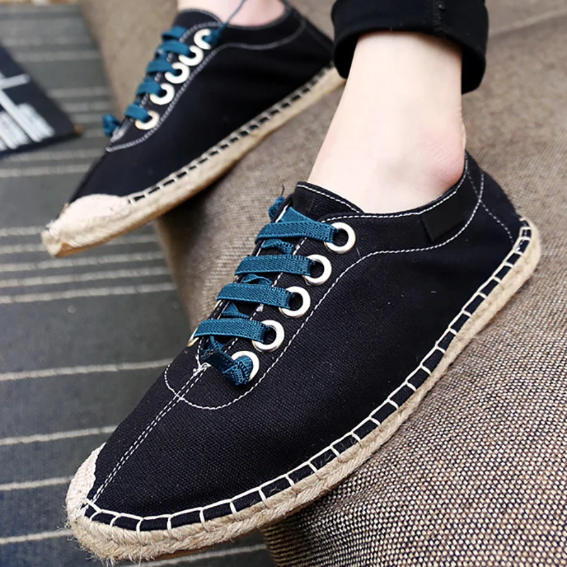 

2021 Canvas Shoes Men Flat Casual Footwear Breathable Hemp Lazy Shoes Cool Young Man Shoes Cloth Footwear Black Blue Size 36-45