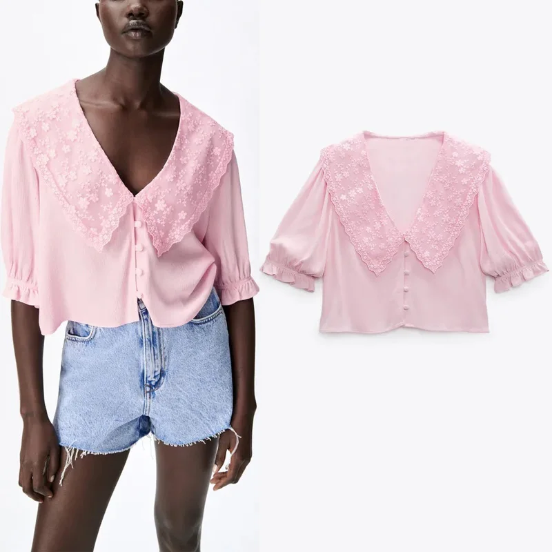 

Za Pink Blouses Women 2021 Floral Embroidered Crop Top Woman Chic Short Puff Sleeve Summer Blouse Female Button Up Shirt