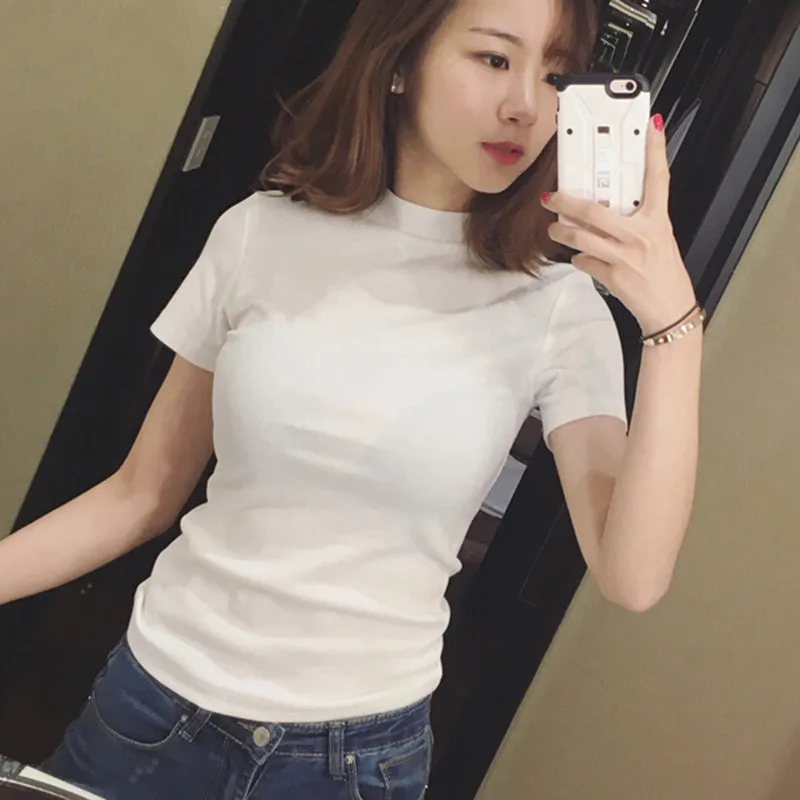 

Summer Half Turtlenck Short Sleeved T-shirt Women Ins Fashion Summer Slim Bottoming Shirt Solid Color Slim Fit Tee Sexy Tops