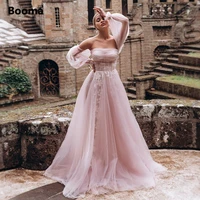pink strapless wedding dresses puff sleeves long tulle bride dresses a line lace illusion bridal gowns pearls button back