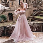 Розовое свадебное платье без бретелек, пышные рукава, Длинные свадебные платья из фатина, а-силуэт, кружева, иллюзия, жемчуг, пуговицы на спине