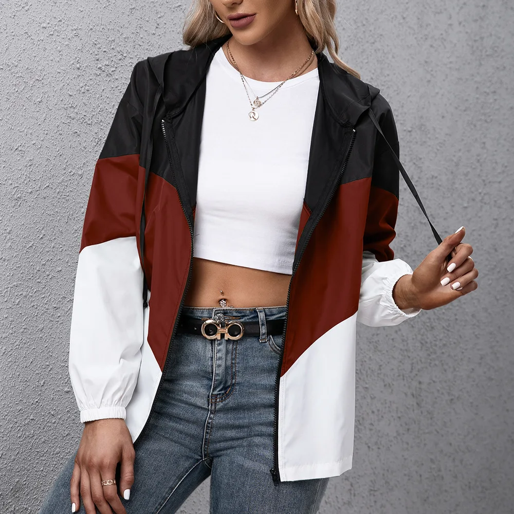 

2021 Fashion Women Jacket New Casual Hot Sale Hooded Collar Zipper Stitching Contrast Color Waterproof and Rainproof Jacket