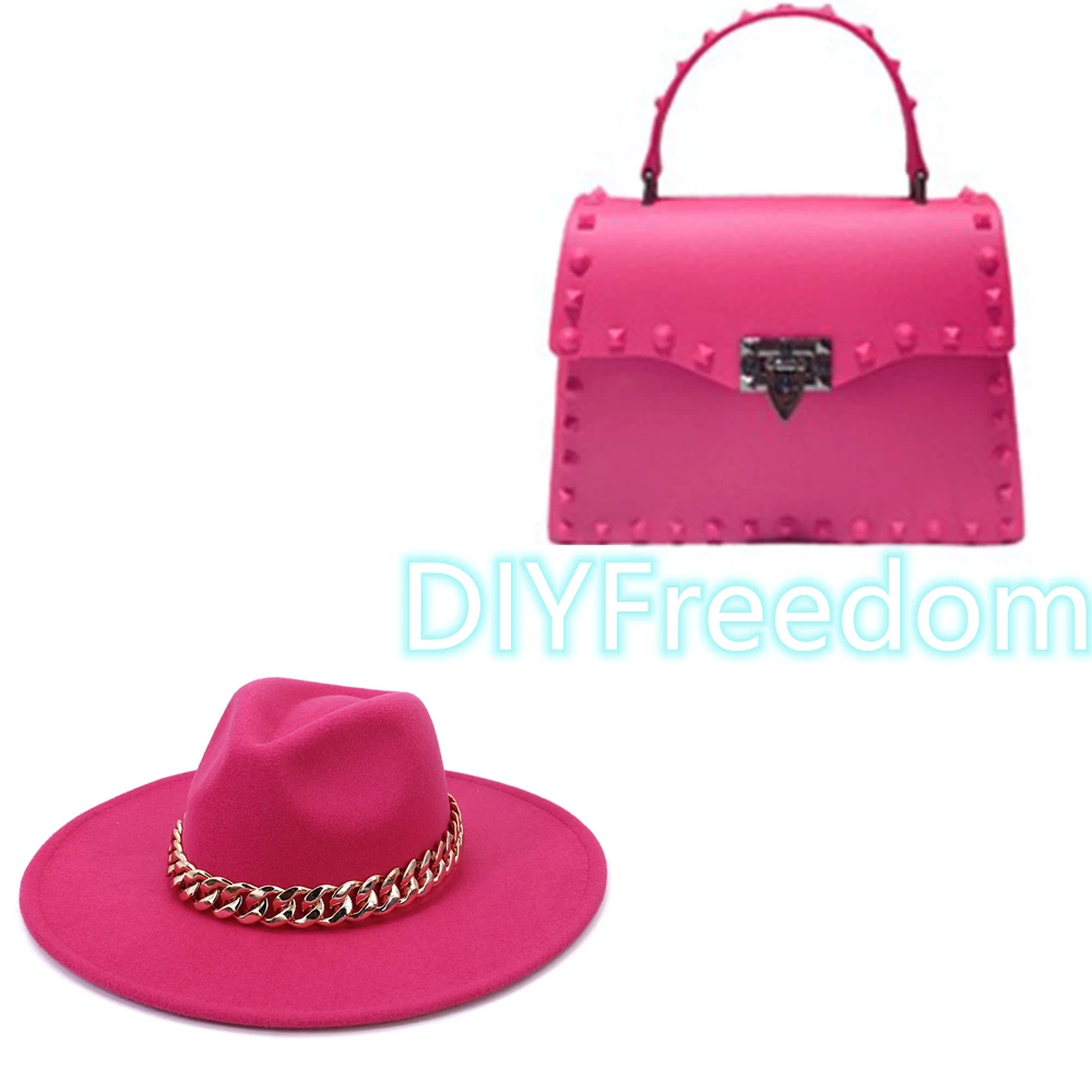 

9.5cm brim fedora with bag set lady purse fashion top hat jazz fedoras purse set hats for women church hats party felt hat