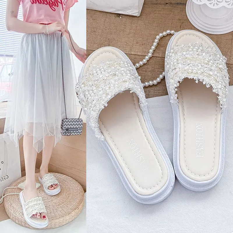 

Sandals and slippers 2021 new summer thick-soled sponge cake pearl sandals beach flat open-toe non-slip women's shoes