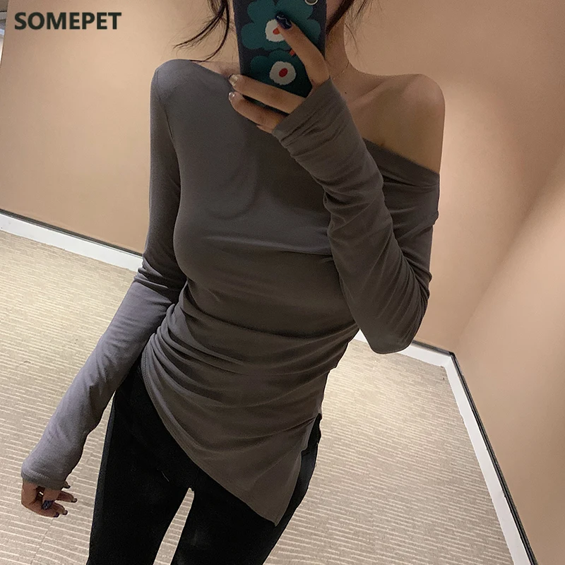

Off Shoulder Tshirt Woman Backless Sexy T Shirt Women T-Shirt Long Sleeve Korean Style Slim Elasticity Womens Clothing