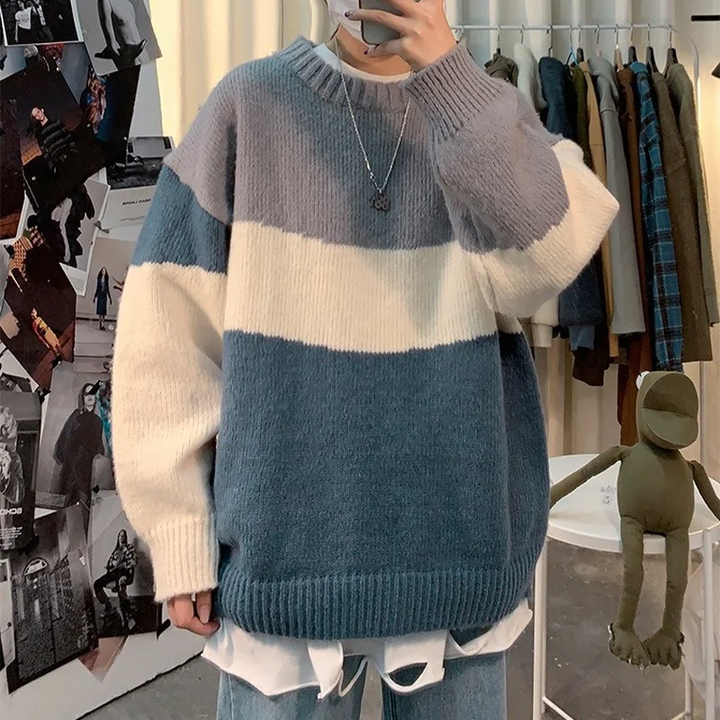 

Sweater Men Streetwear Hip Hop Autumn Pull Spandex O-neck Oversize Couple 2021 Stitching Male Tops Vintage Knittwear Sweaters