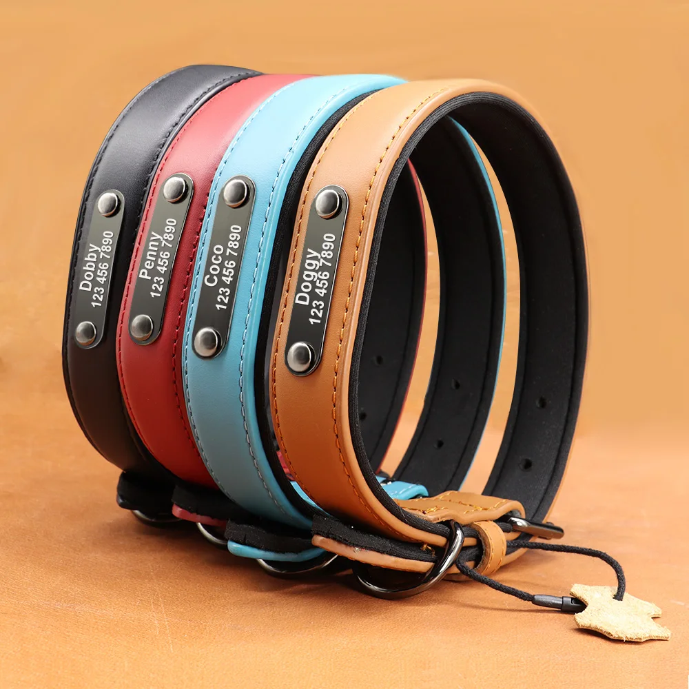 Real Leather Personalized Dog Collar Custom Engraved Dogs ID Collars With Name Plate Soft Padded Pet Necklace Free Engraving