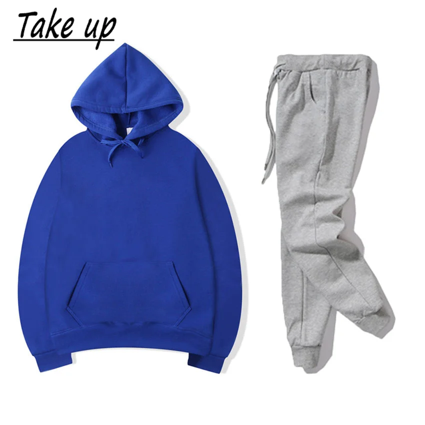 

Take up2021 Pure Cotton Men's Hoodie Suit Casual Solid Color Pullover Sports Fitness + Plus Velvet Leggings Lace Series