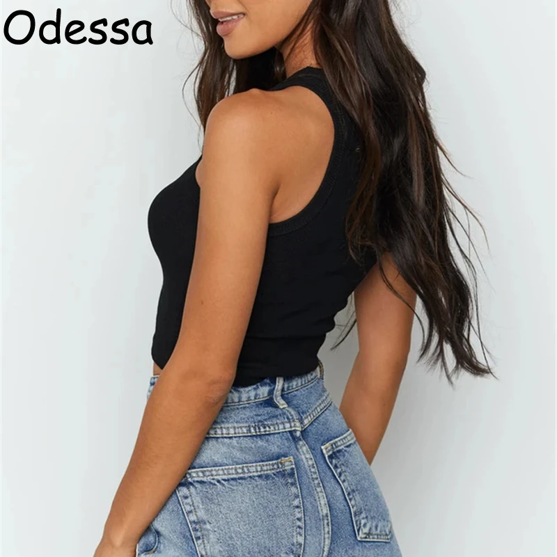 

Odessa Summer Casual Sleeveless Ribbed Solid Basic Crop Top Tee T Shirt Sexy Y2K Off Shoulder Knit O Neck Korean Women Tank Tops