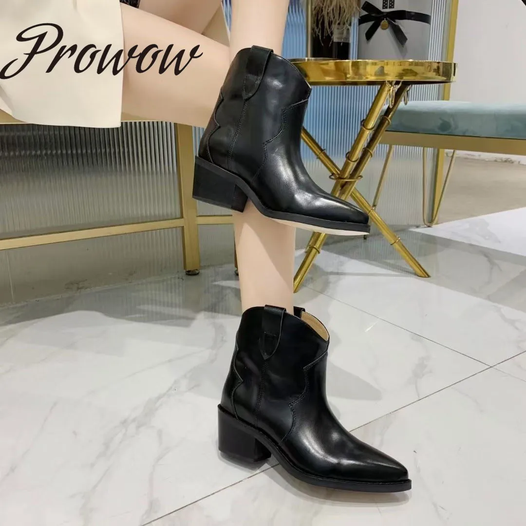 

Prowow New Autumn Winter Genuine Leather Cowboy Boots Pointed Toe Low Heel Comfortable Boots Designer Boots Shoes Women