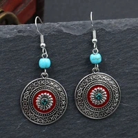 vintage silver color round disc drop earrings for women ethnic elegant rhinestone carved blue beads earrings jhumka jewelry