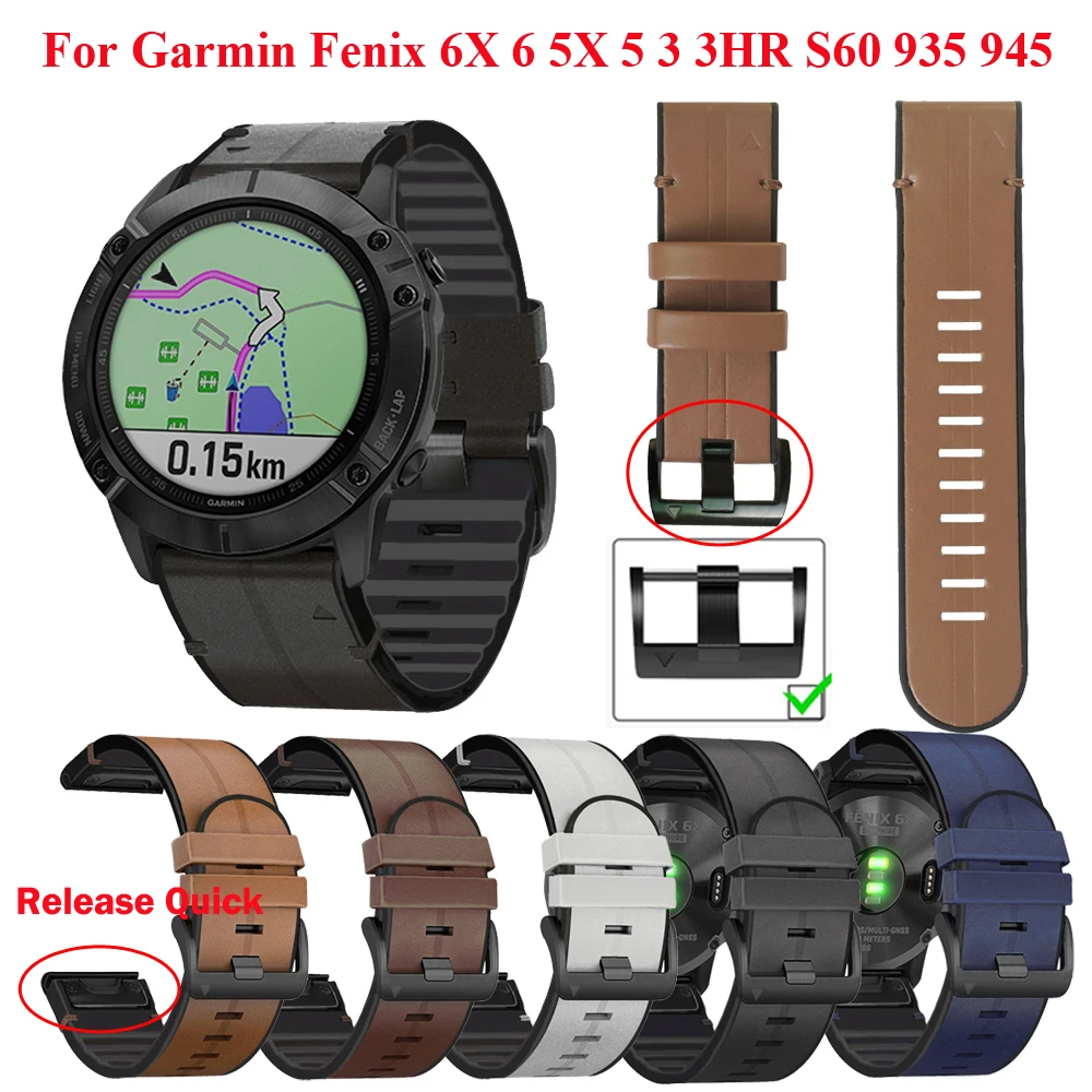 

JKER 26 22mm Leather Watchband Strap For Garmin Fenix 6X 6 Pro 5X 5Plus 3HR 935 945 MK1 S60 Band Easyfit Quick Release Wirstband