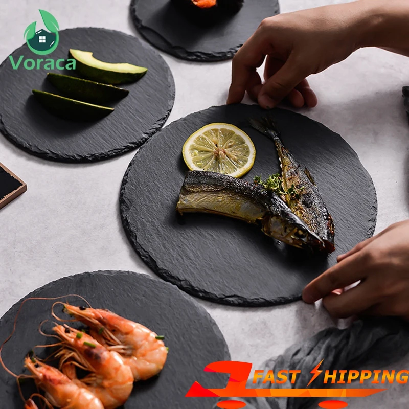 Круглые тарелки из натурального шифера для стейка подставка ресторана десертная