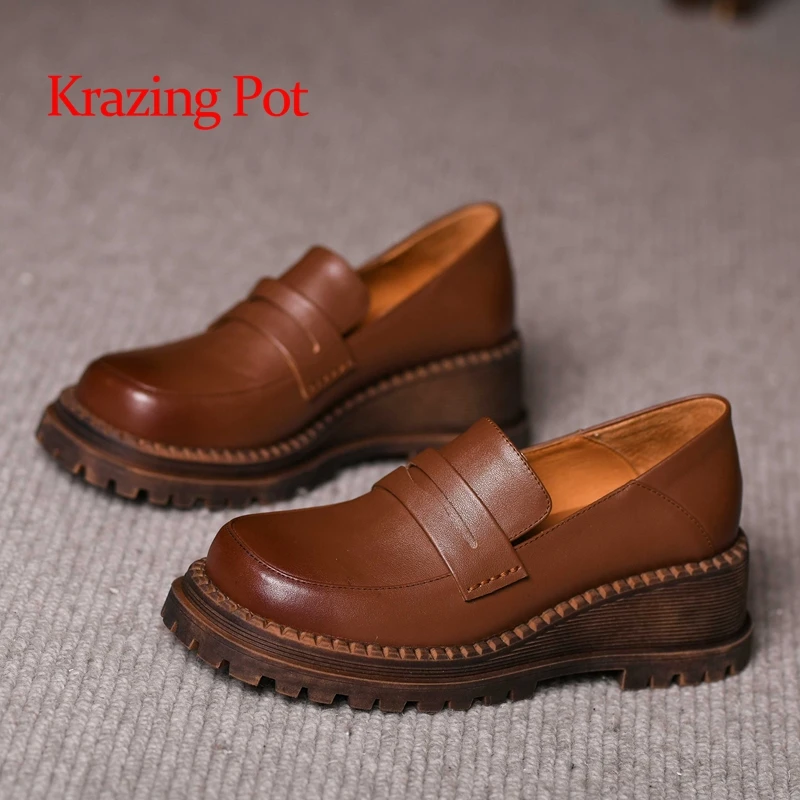 

Krazing Pot genuine leather round toe high heels wedges retro fashion young lady streetwear slip on comfortable women pumps L30
