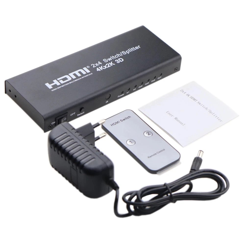 

2X4 HDMI Splitter 2 In 4 Out HDMI Switch with SPDIF Audio 3.5mm Support HD 4K 3D 1080P Includes IR Remote Control Power Adapter